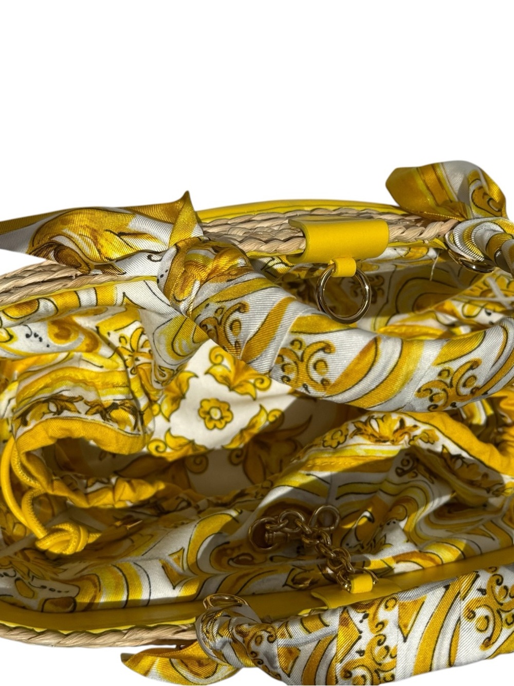 Dolce & Gabbana Kendra Straw Tote Bag w/ Yellow Logo & Silk Scarf Wrapped Handle - Picture 9 of 11